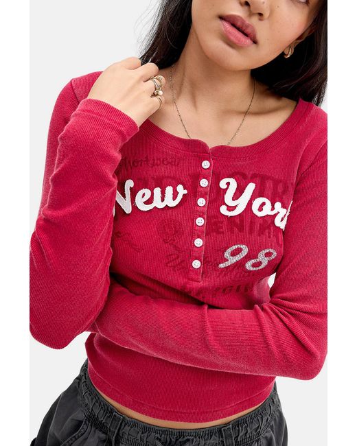 BDG Red Appliqué Long Sleeve Henley Tee