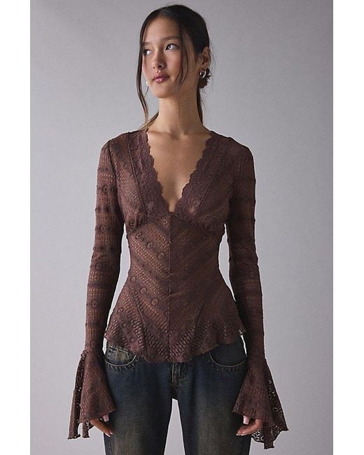 Kimchi Blue Brown Irene Sheer Lace Ruffle Bell Sleeve Top