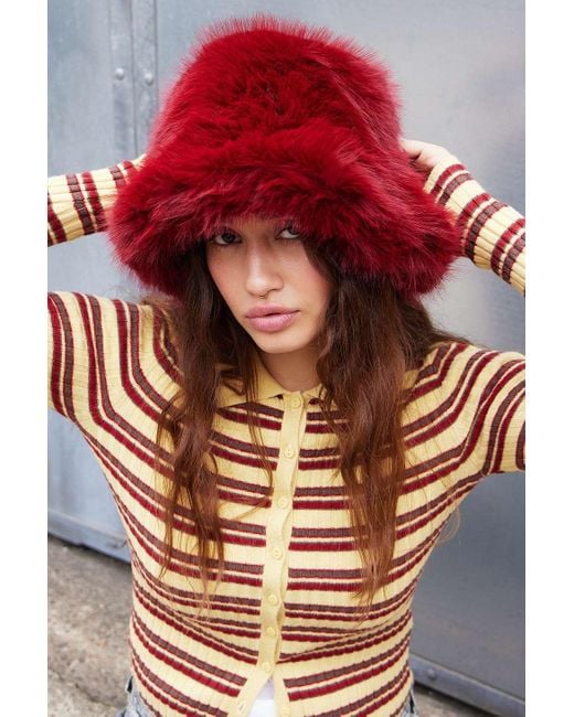 Urban Outfitters Red Uo Fluffy Faux Fur Bucket Hat