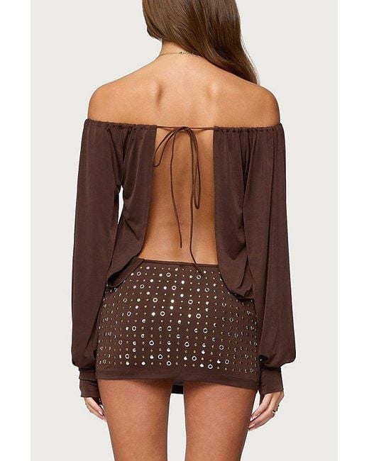 Edikted Brown Studded Off Shoulder Backless Romper
