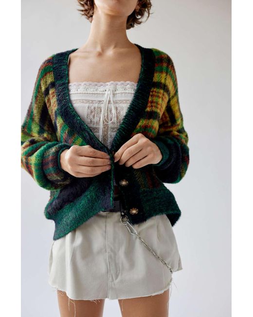 Urban Outfitters Green Uo Thea Fuzzy Plaid Cardigan