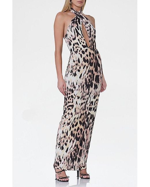 AFRM White Genie Leopard Print Jersey Knit Halter Tie Maxi Dress
