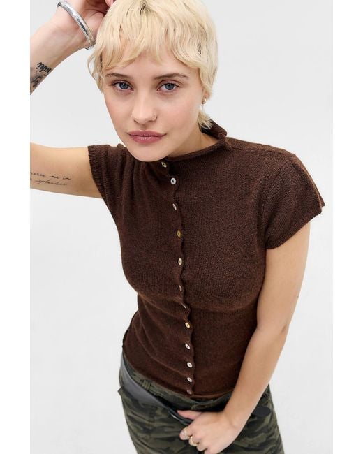 Urban Outfitters Brown Uo Funnel Short Sleeve Cardigan