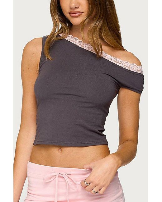 Edikted Multicolor Contrast Lace Asymmetric Off Shoulder Top