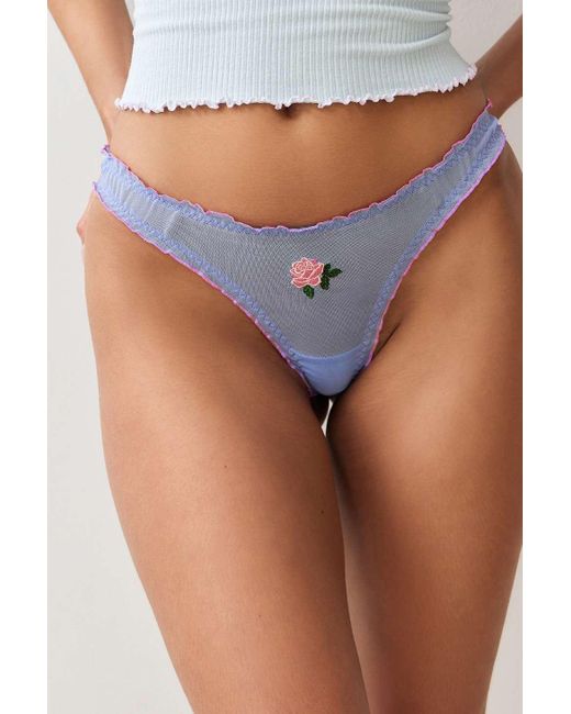 Out From Under Blue Rose Embroidered Frill Mesh Thong