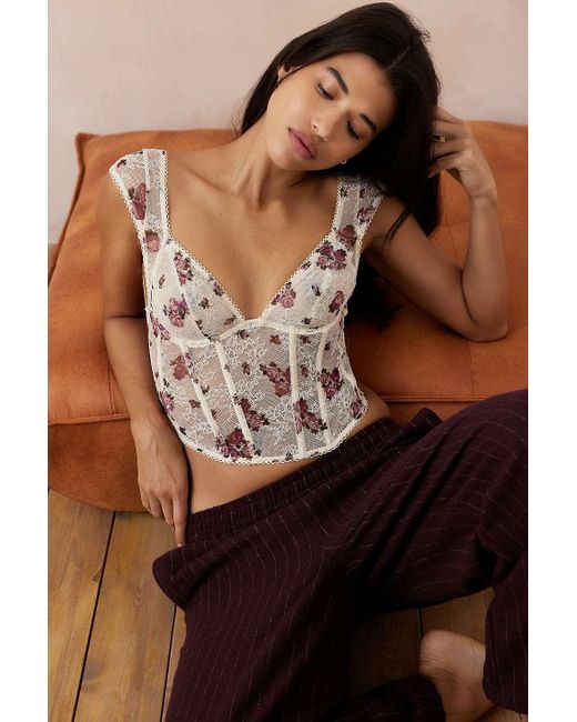 Out From Under Brown Amor Plunge Floral Corset Top