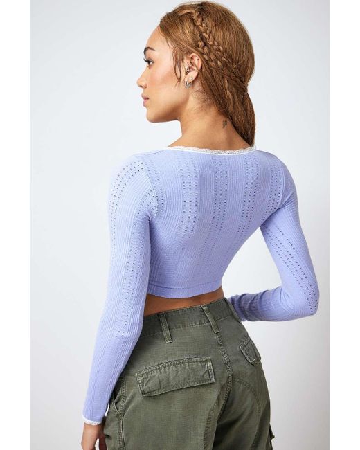 Urban Outfitters Blue Uo Go For Gold Pointelle Notched Long-sleeved Crop Top