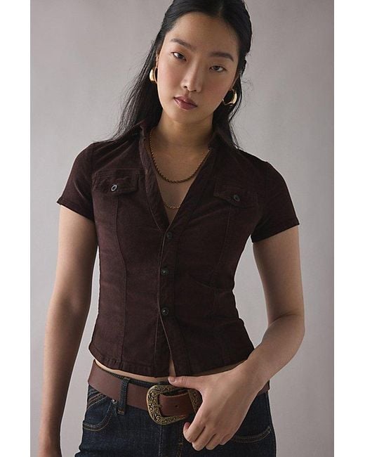 BDG Black Polly Corduroy Slim Short Sleeve Button-Up Shirt Top