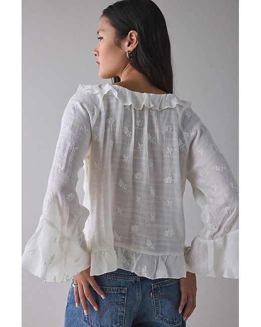 Kimchi Blue Gray Joni Embroidered 3/4 Sleeve Ruffle Blouse