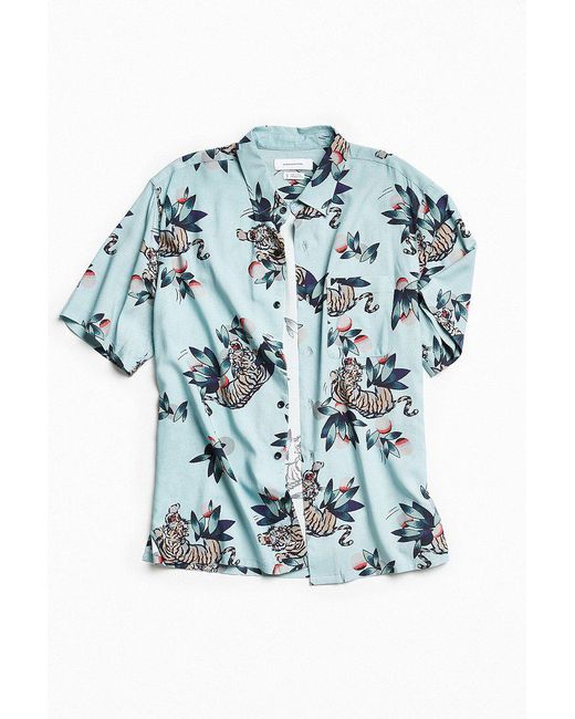 Urban Outfitters Blue Uo Tiger Foliage Rayon Short Sleeve Button-down Shirt for men