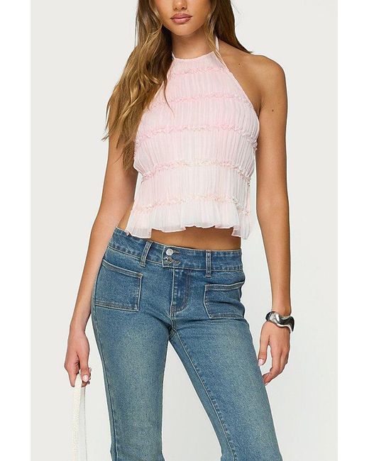 Edikted Blue Amit Tiered Chiffon Halter Top