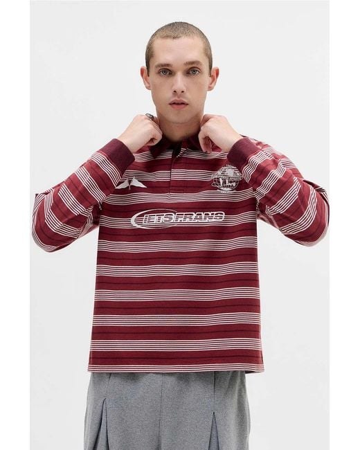 iets frans Red Burgundy Stripe Long Sleeve Polo Shirt for men