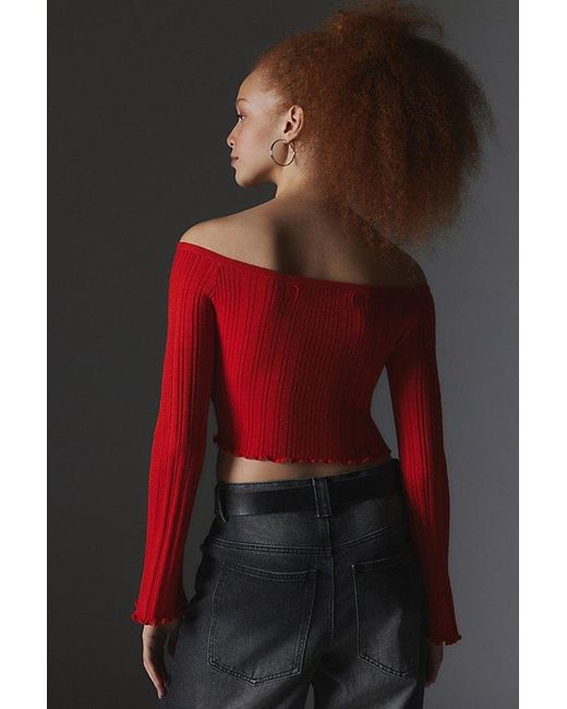 Silence + Noise Red Tatianna Off-The-Shoulder Ribbed Sweater