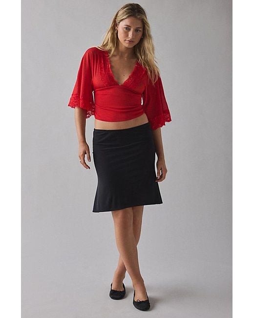 Kimchi Blue Red Verde Plunging Lace Trim Bell Sleeve Top