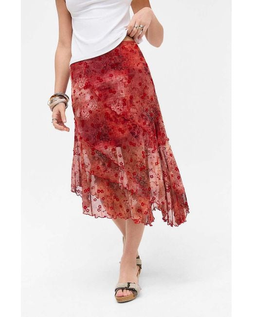 Urban Outfitters Red Uo Asymmetric Flock Midi Skirt