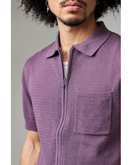 BDG Purple Plum Mesh Zip-through Polo Shirt for men