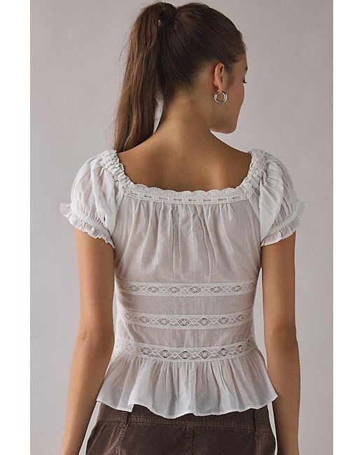 Kimchi Blue White Nora Lace Trim Puff Sleeve Button-Up Blouse