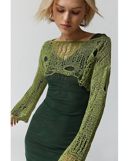 Urban Outfitters Green Uo Carla Semi-Sheer Distressed Shrug Sweater