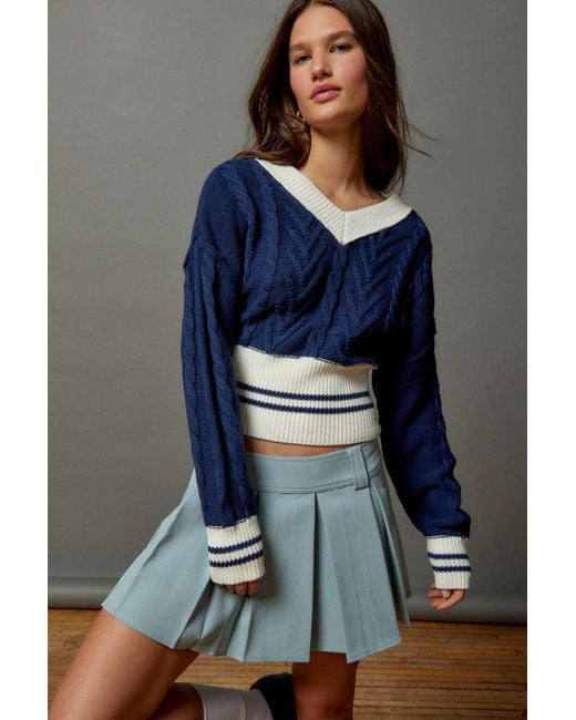 BDG Blue Clarice Cable Knit V-neck Sweater In Navy,at Urban Outfitters