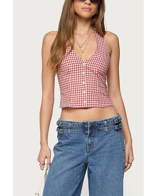 Edikted Pink Evan Gingham Button Up Halter Top