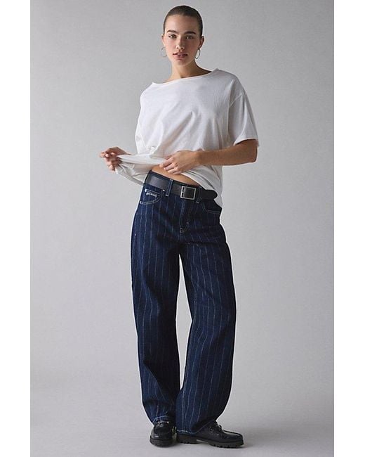 BDG Blue Logan Printed Buckle Baggy Barrel Jean