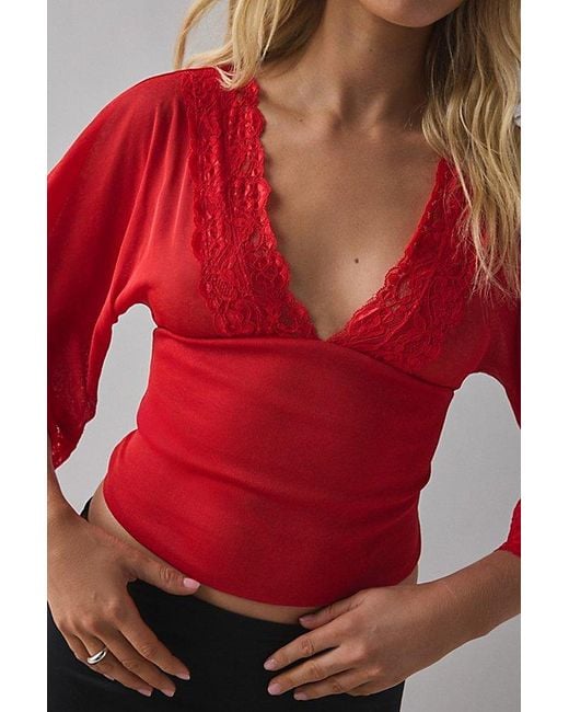 Kimchi Blue Red Verde Plunging Lace Trim Bell Sleeve Top