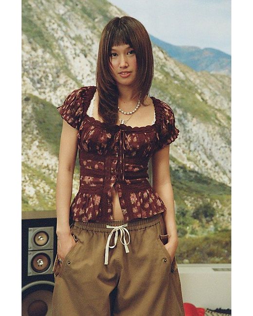 Kimchi Blue Brown Nora Lace Trim Puff Sleeve Button-Up Blouse