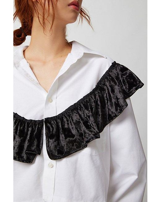Urban Renewal Gray Remade Cropped Velvet Ruffle Button-Down Shirt