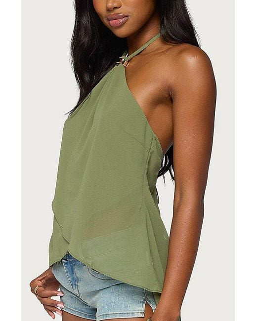 Edikted Green Chiffon Split Open Back Halter Top