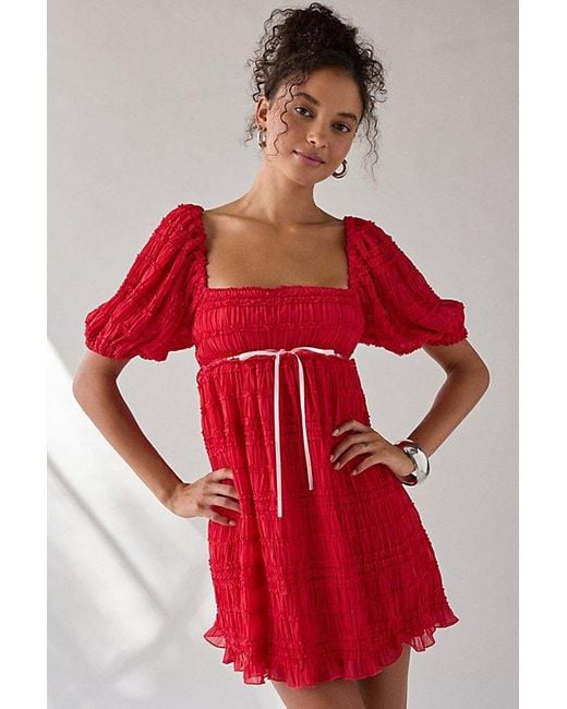 Kimchi Blue Red Daphne Ruffle Puff Sleeve Babydoll Mini Dress