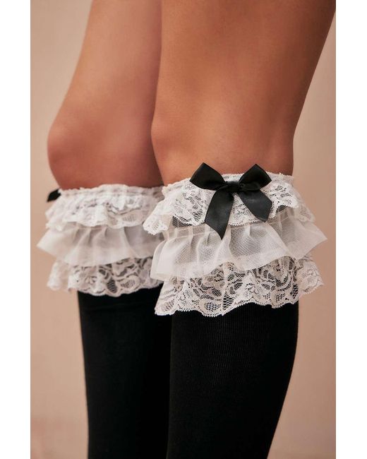 Out From Under Black Ruffle & Bow-topped Knee High Socks