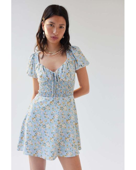 Urban Outfitters Uo Maggie Smocked Mini Dress in Blue | Lyst
