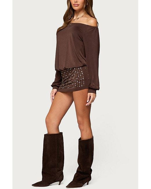 Edikted Brown Studded Off Shoulder Backless Romper