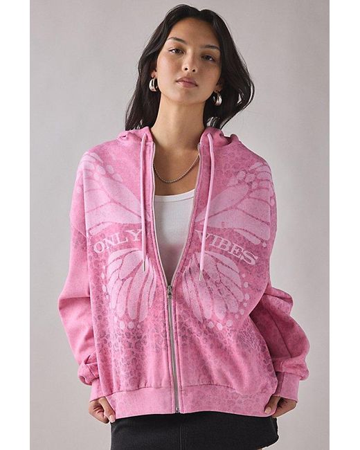 Urban Outfitters Pink Leopard Print Butterfly Graphic Oversized Zip-Up Hoodie Sweatshirt