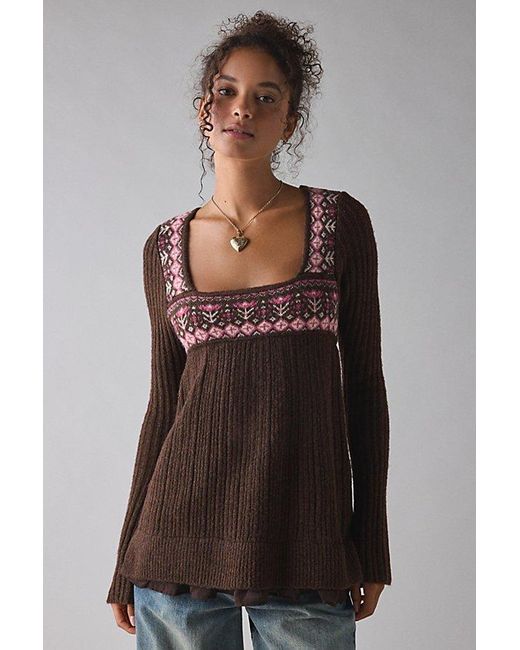 Kimchi Blue Brown Hannah Printed Ruffle Trim Babydoll Sweater