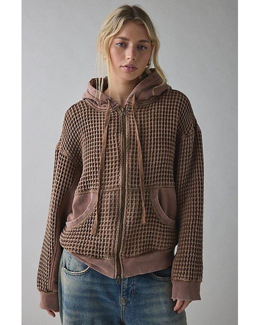 BDG Blue Field Day Waffle Knit Zip-Up Hoodie Sweatshirt