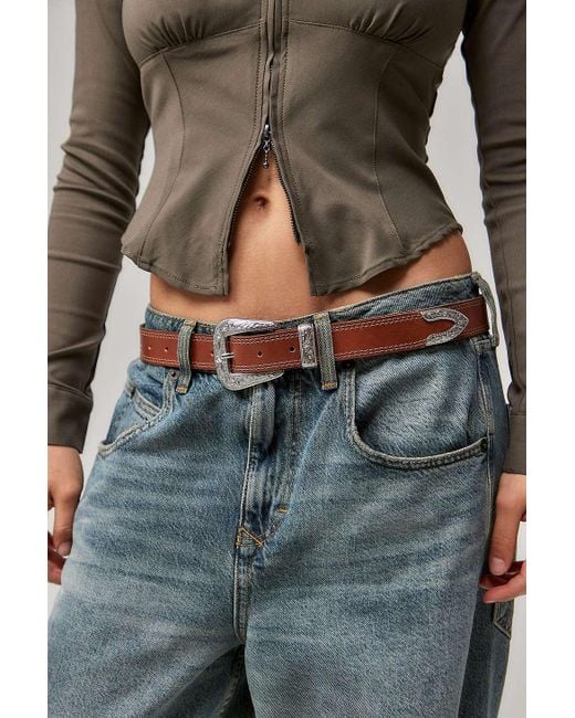 Urban Outfitters Gray Uo Cassidy Stitched Leather Western Belt