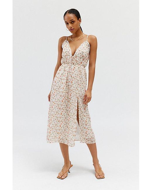 Daisy Street Natural Ruched Floral Midi Dress