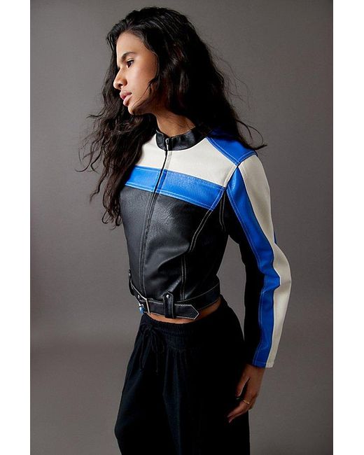 Urban Outfitters Blue Uo Jordan Faux Leather Racer Moto Jacket