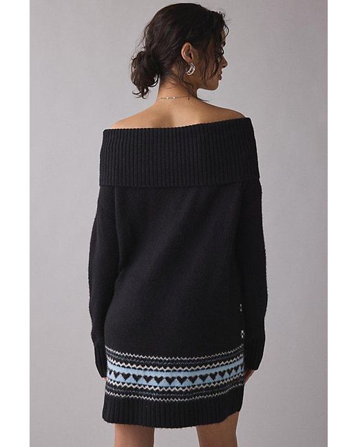 BDG Black Suzie Swan Femme Fair Isle Off-The-Shoulder Sweater Mini Dress