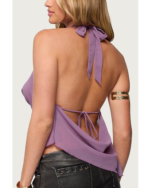 Edikted Purple Asymmetric Backless Chiffon Halter Top