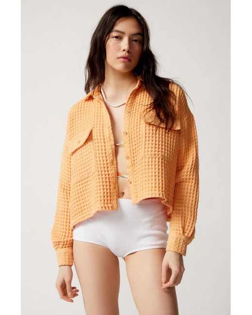 BDG Stanley Cropped Waffle Button-down Top In Orange,at Urban Outfitters