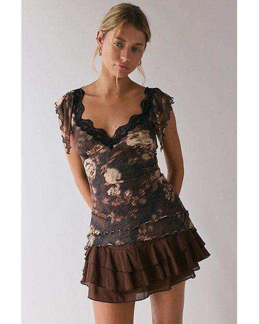 Kimchi Blue Brown Nelly Ruffled Mesh Tie-Back Tunic Top