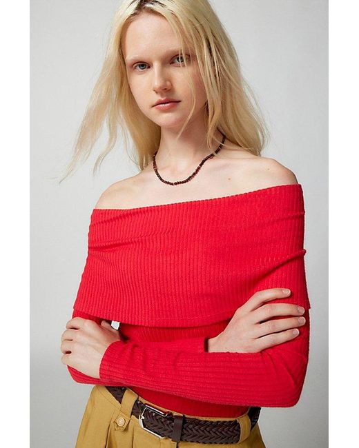 Urban Outfitters Red Uo Hailey Foldover Off-The-Shoulder Long Sleeve Top