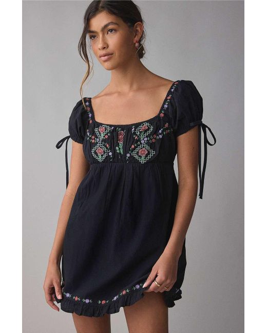 Kimchi Blue Marcella Embroidered Tie-back Babydoll Mini Dress in Black |  Lyst UK