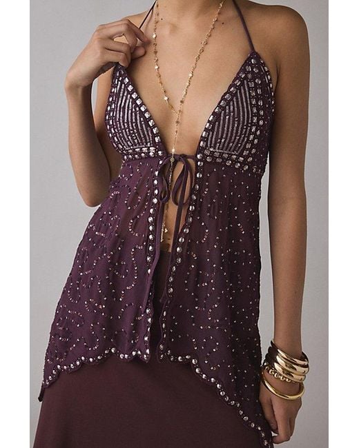Kimchi Blue Purple Leila Sheer Beaded Embroidered Flyaway Halter Top