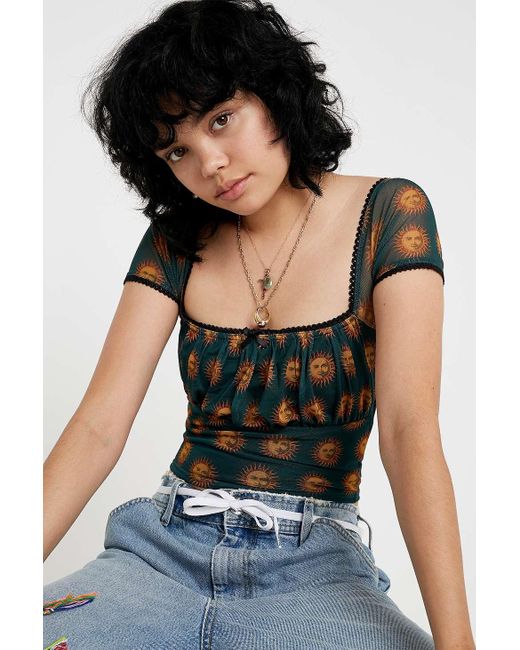 Urban Outfitters Black Uo Celestial Mesh Square Neck Top
