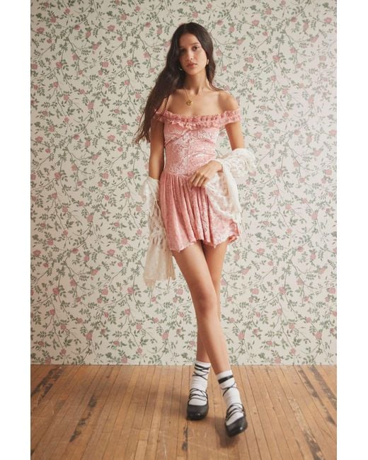 Kimchi Blue Carmen Velvet Floral Romper In Pink,at Urban Outfitters