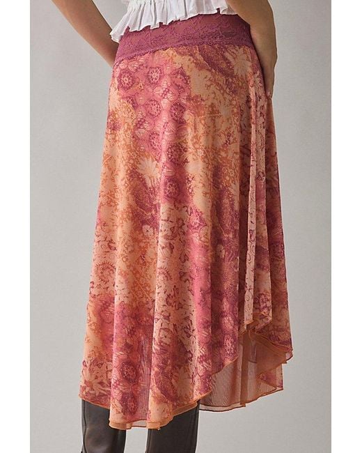 Kimchi Blue Pink Ethereal Lace Trim Semi-Sheer Mesh Midi Skirt