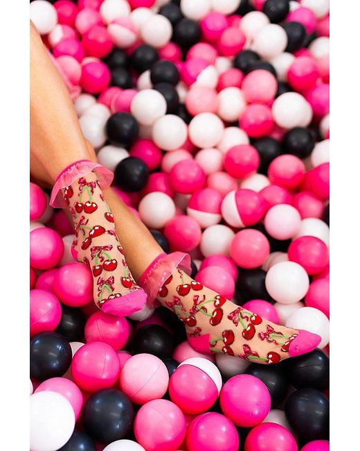 Sock Candy Red Cherry Bow Ruffle Sheer Sock